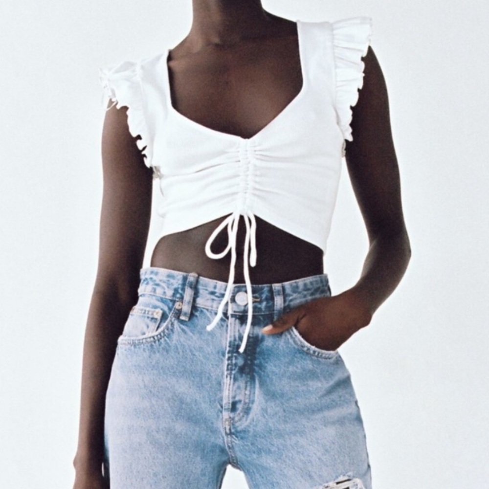 ZARA Flutter Sleeve Crop Top White L NWT